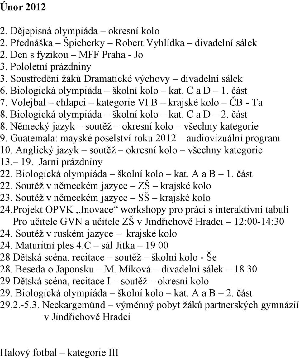 Biologická olympiáda školní kolo kat. C a D 2. část 8. Německý jazyk soutěž okresní kolo všechny kategorie 9. Guatemala: mayské poselství roku 2012 audiovizuální program 10.