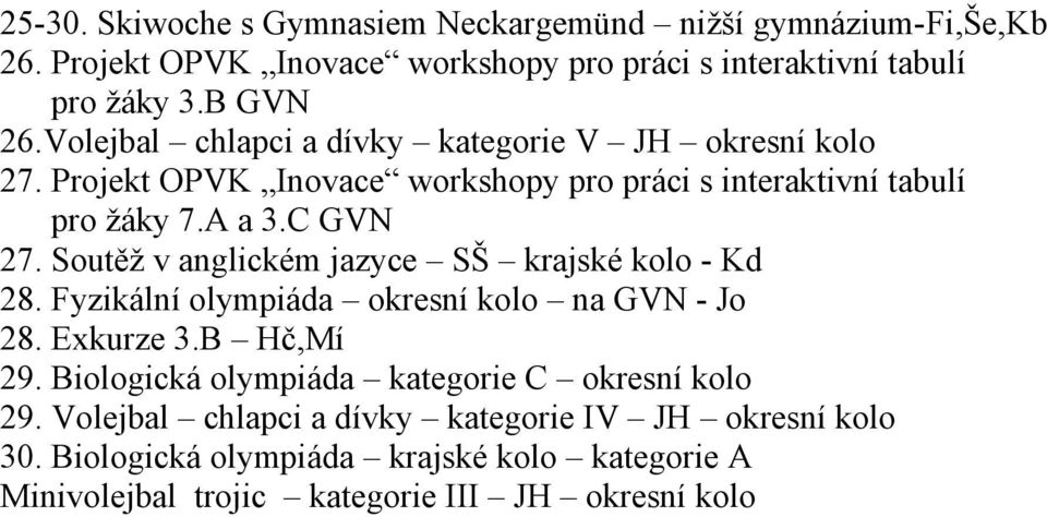 Soutěž v anglickém jazyce SŠ krajské kolo - Kd 28. Fyzikální olympiáda okresní kolo na GVN - Jo 28. Exkurze 3.B Hč,Mí 29.