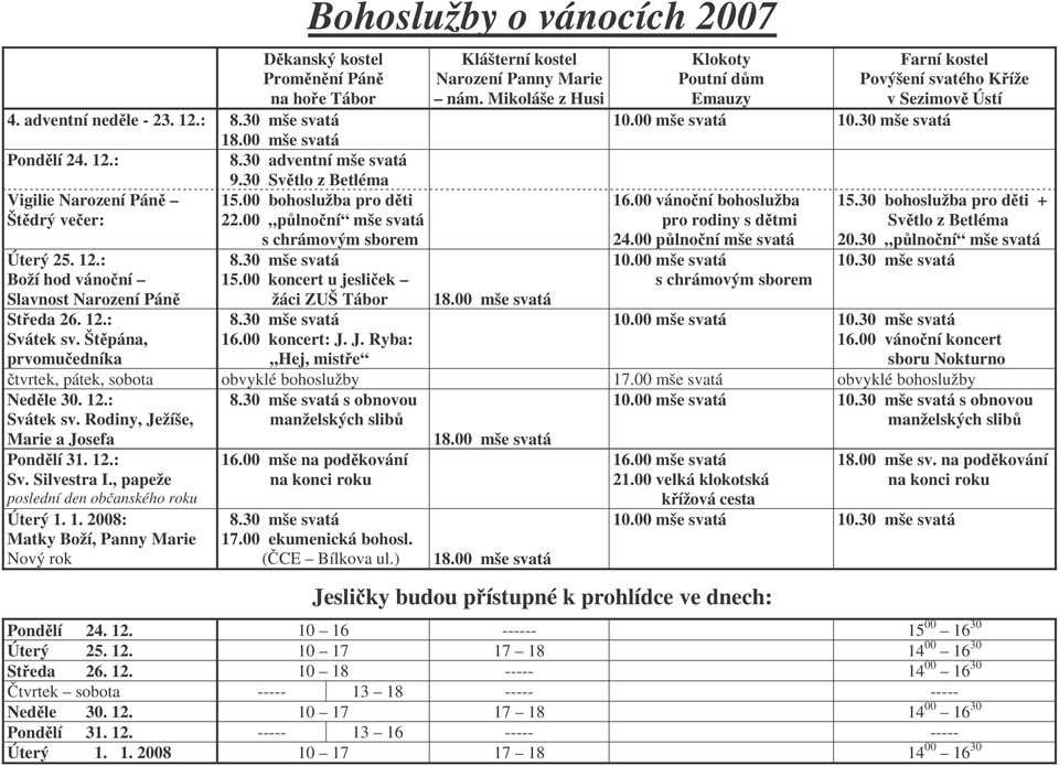 00 koncert u jesliek žáci ZUŠ Tábor Klášterní kostel Narození Panny Marie nám. Mikoláše z Husi 18.00 mše svatá Klokoty Poutní dm Emauzy Farní kostel Povýšení svatého Kíže v Sezimov Ústí 10.