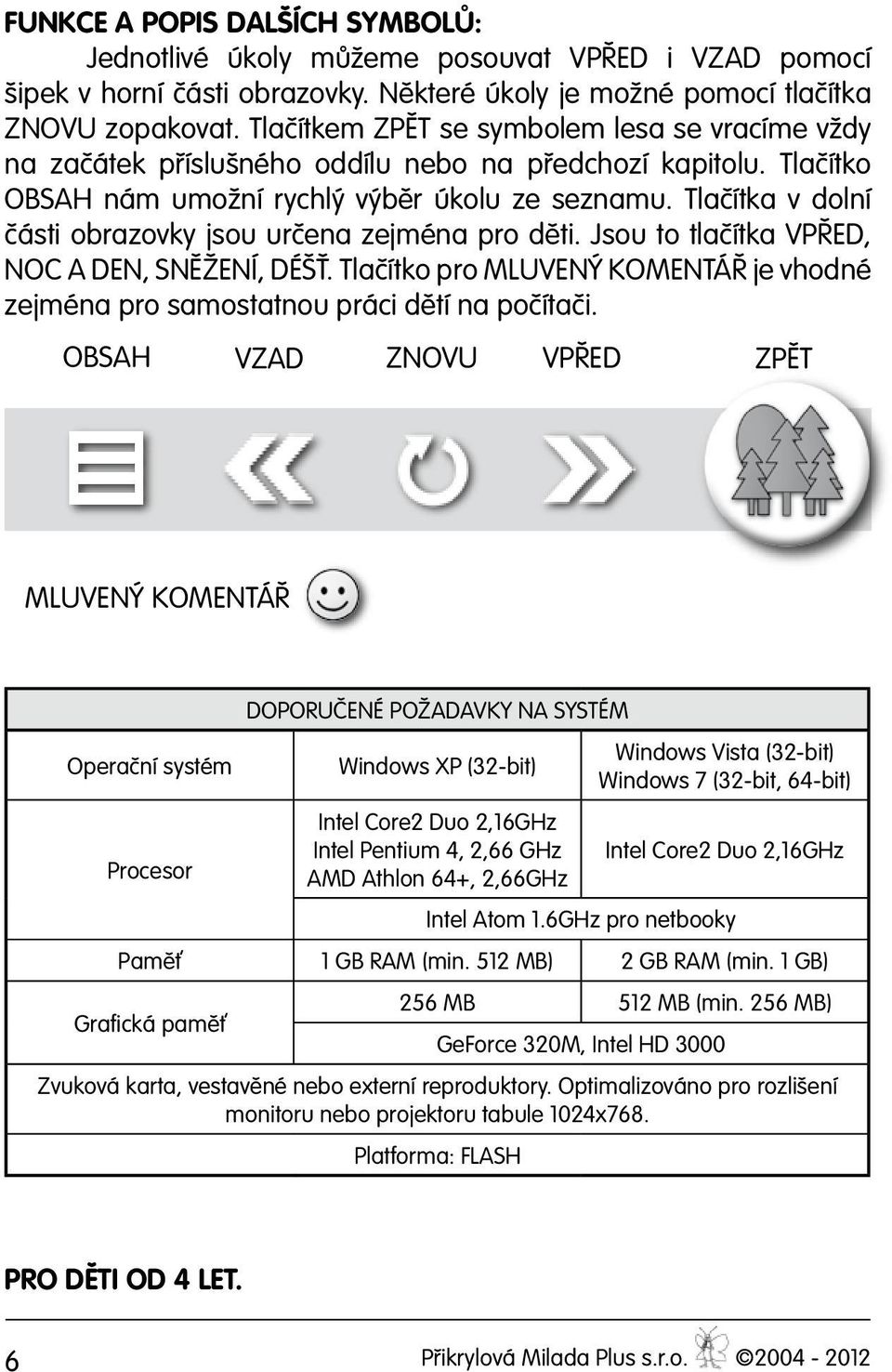 Tlačítka v dolní části obrazovky jsou určena zejména pro děti. Jsou to tlačítka VPŘED, NOC A DEN, SNĚŽENÍ, DÉŠŤ. Tlačítko pro MLUVENÝ KOMENTÁŘ je vhodné zejména pro samostatnou práci dětí na počítači.