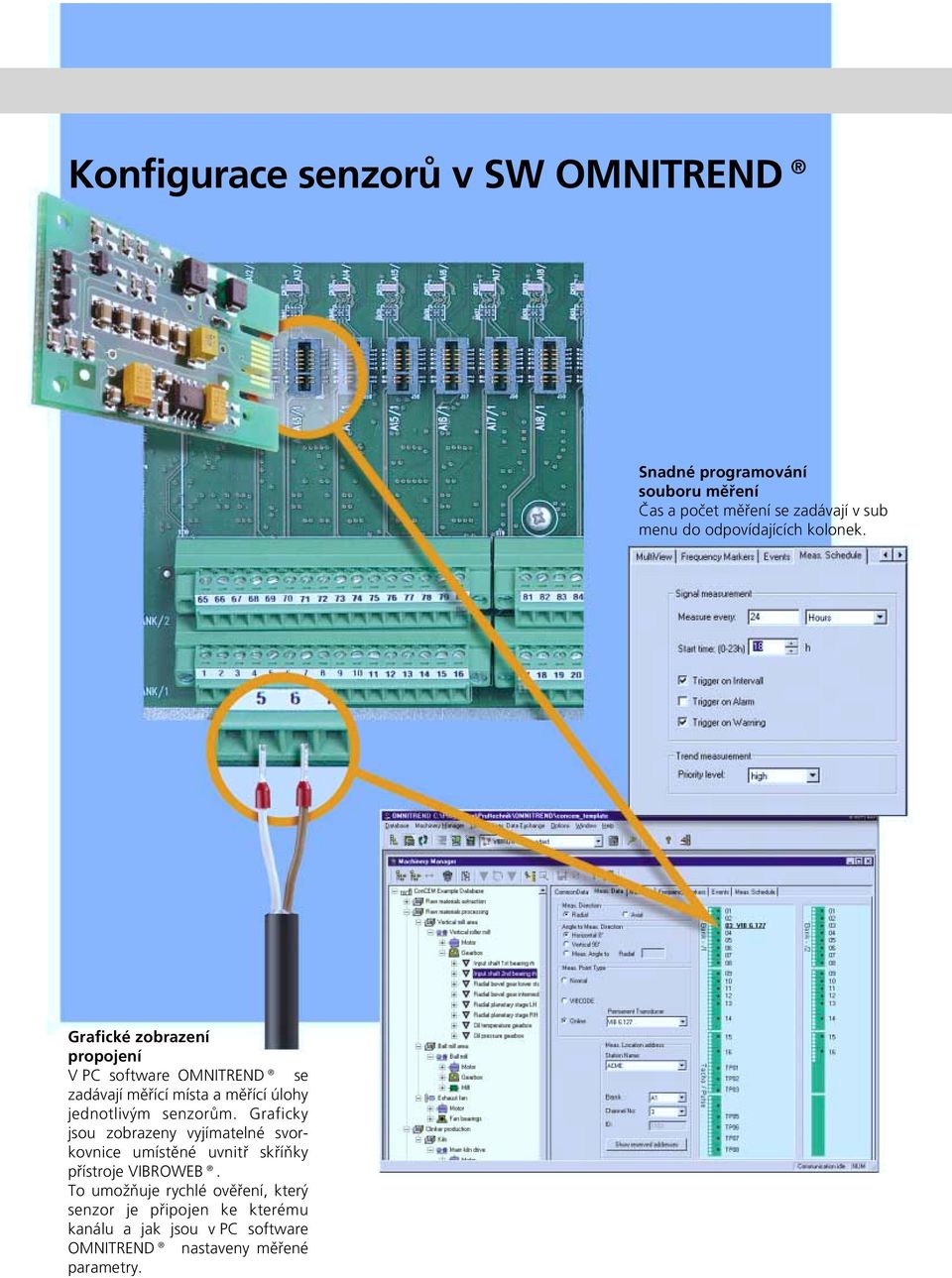 Grafické zobrazení propojení V PC software OMNITREND se zadávají měřící místa a měřící úlohy jednotlivým senzorům.