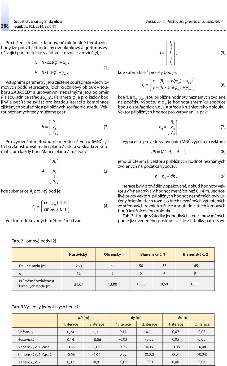 sin(φ) + y 0. Vstupními parametry jsou zjištěné souřadnice všech lomových bodů reprezentujících kružnicový oblouk v souboru ZABAGED a určovanými neznámými jsou poloměr R a souřadnice středu x 0, y 0.