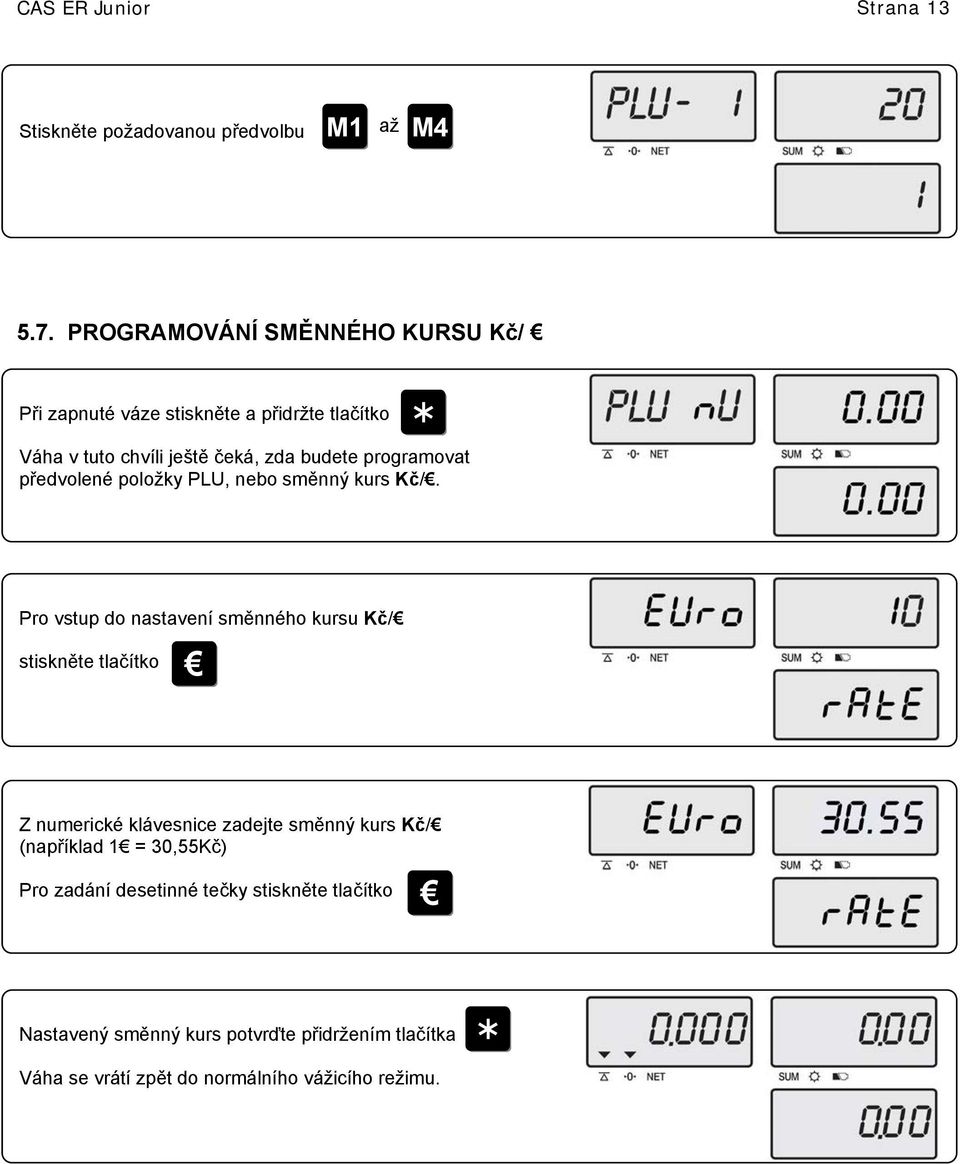 programovat předvolené položky PLU, nebo směnný kurs Kč/.