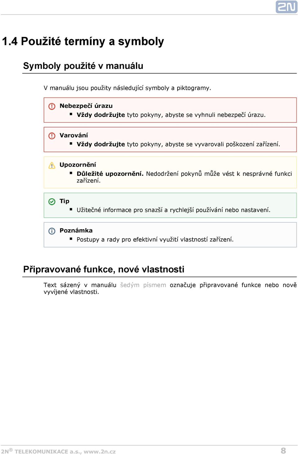 Upozornění Důležité upozornění. Nedodržení pokynů může vést k nesprávné funkci zařízení.