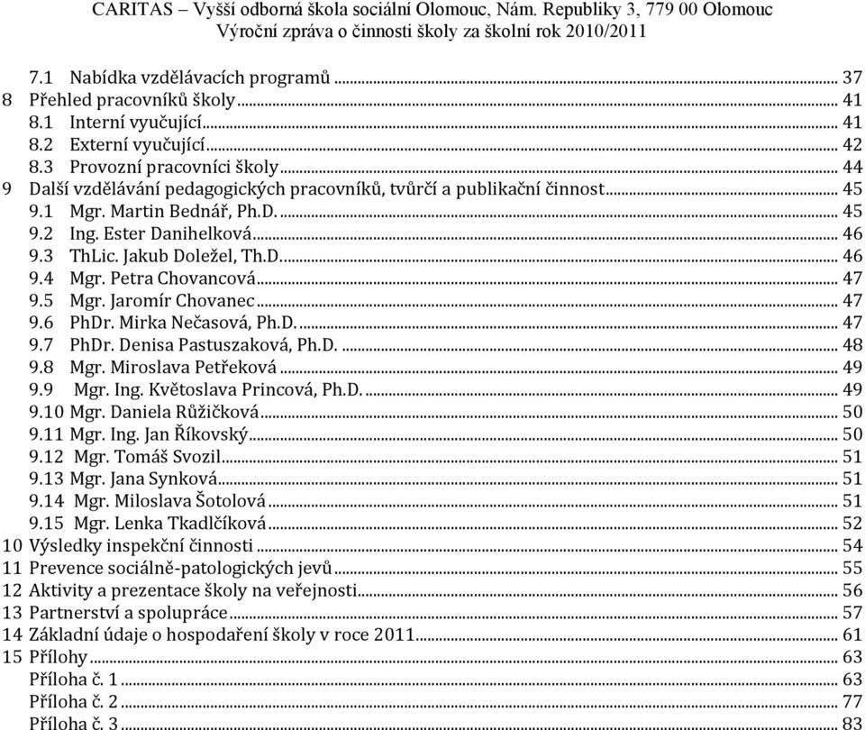 Martin Bednář, Ph.D.... 45 9.2 Ing. Ester Danihelková... 46 9.3 ThLic. Jakub Doležel, Th.D.... 46 9.4 Mgr. Petra Chovancová... 47 9.5 Mgr. Jaromír Chovanec... 47 9.6 PhDr. Mirka Nečasová, Ph.D.... 47 9.7 PhDr.