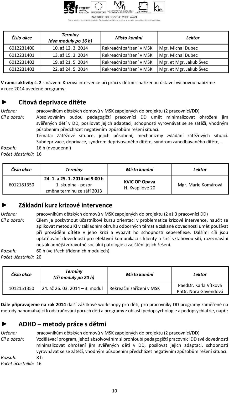 2 s názvem Krizová intervence při práci s dětmi s nařízenou ústavní výchovou nabízíme v roce 2014 uvedené programy: Citová deprivace dítěte pracovníkům dětských domovů v MSK zapojených do projektu (2