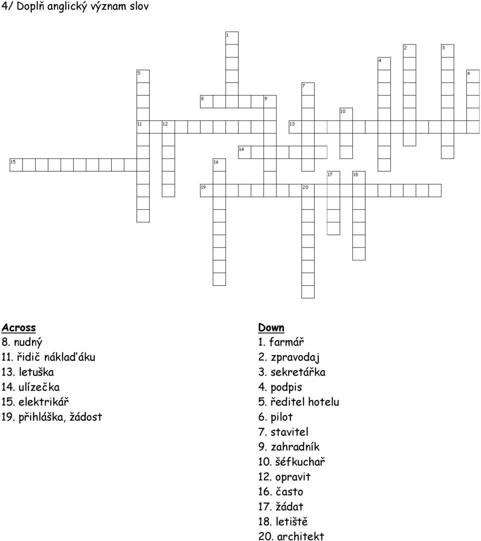 zpravodaj 3. sekretářka 4. podpis 5. ředitel hotelu 6. pilot 7. stavitel 9.