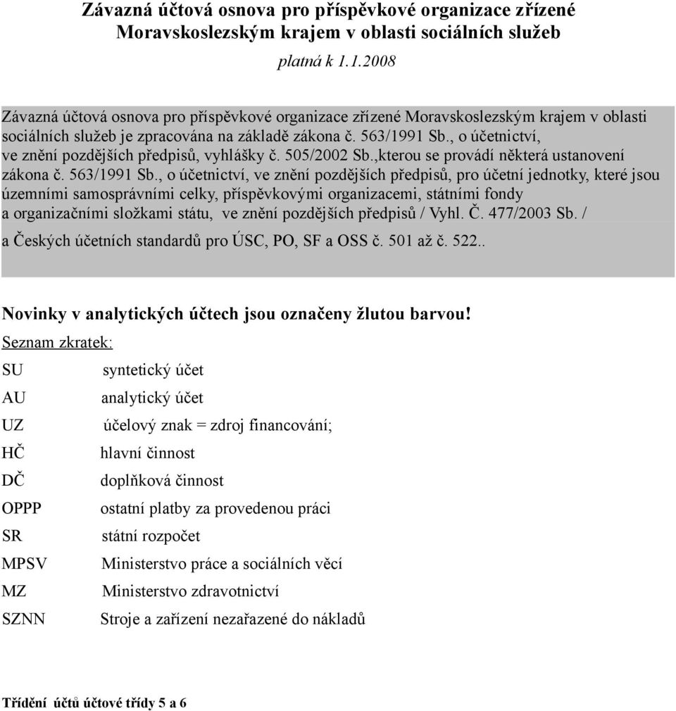 , o účetnictví, ve znění pozdějších předpisů, vyhlášky č. 505/2002 Sb.,kterou se provádí některá ustanovení zákona č. 563/1991 Sb.