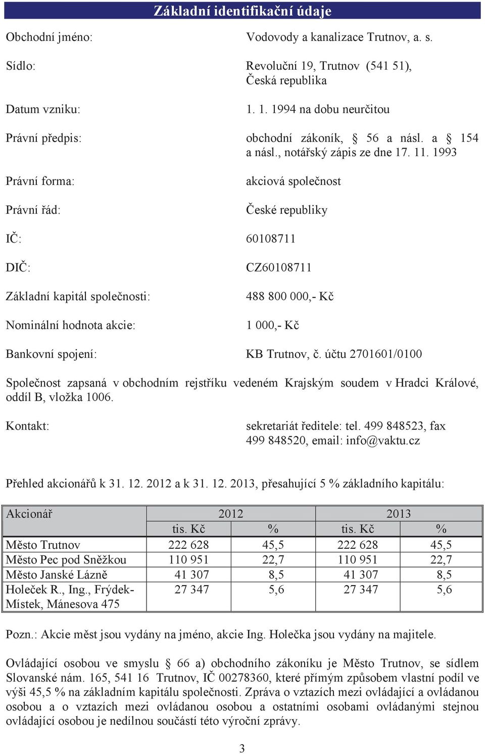 1993 Právní forma: Právní ád: akciová spolenost eské republiky I: 60108711 DI: Základní kapitál spolenosti: Nominální hodnota akcie: CZ60108711 488 800 000, K 1 000, K Bankovní spojení: KB Trutnov,.