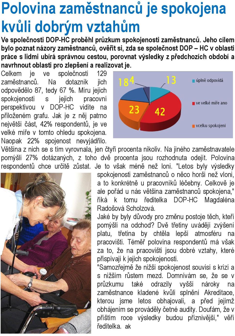 realizovat je. Celkem je ve společnosti 129 zaměstnanců. Na dotazník jich odpovědělo 87, tedy 67 %. Míru jejich spokojenosti s jejich pracovní perspektivou v DOP-HC vidíte na přiloženém grafu.