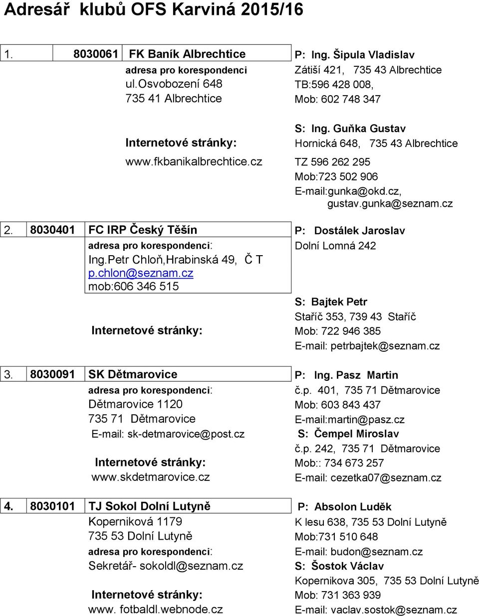 cz, gustav.gunka@seznam.cz 2. 8030401 FC IRP Český Těšín P: Dostálek Jaroslav Dolní Lomná 242 Ing.Petr Chloň,Hrabinská 49, Č T p.chlon@seznam.
