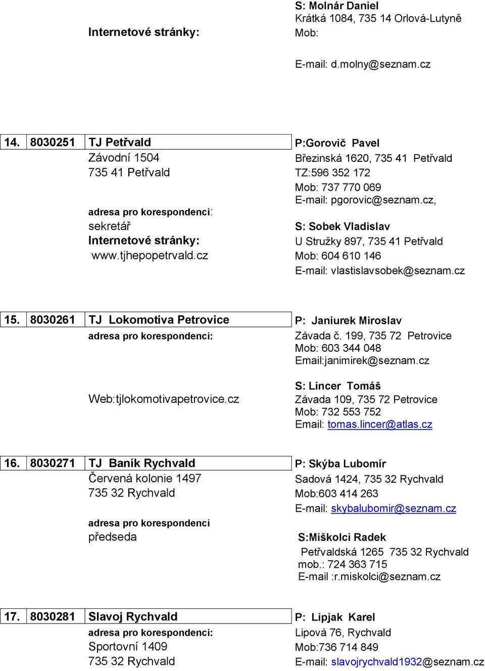 cz, sekretář S: Sobek Vladislav U Stružky 897, 735 41 Petřvald www.tjhepopetrvald.cz Mob: 604 610 146 E-mail: vlastislavsobek@seznam.cz 15.