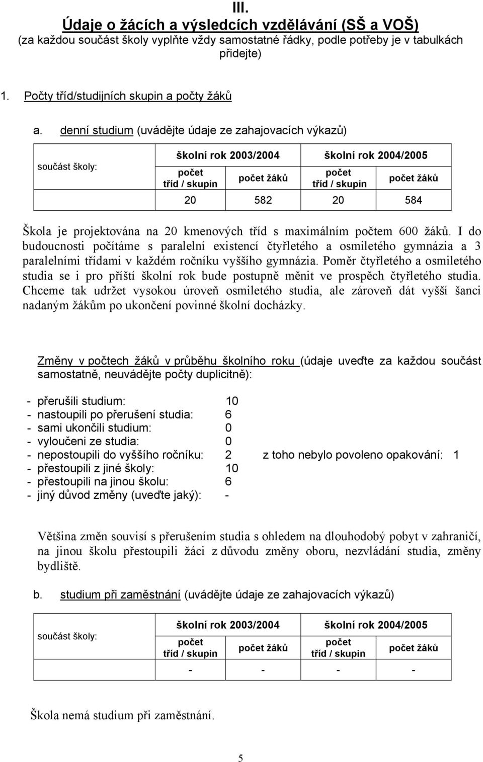 projektována na 20 kmenových tříd s maximálním počtem 600 žáků.