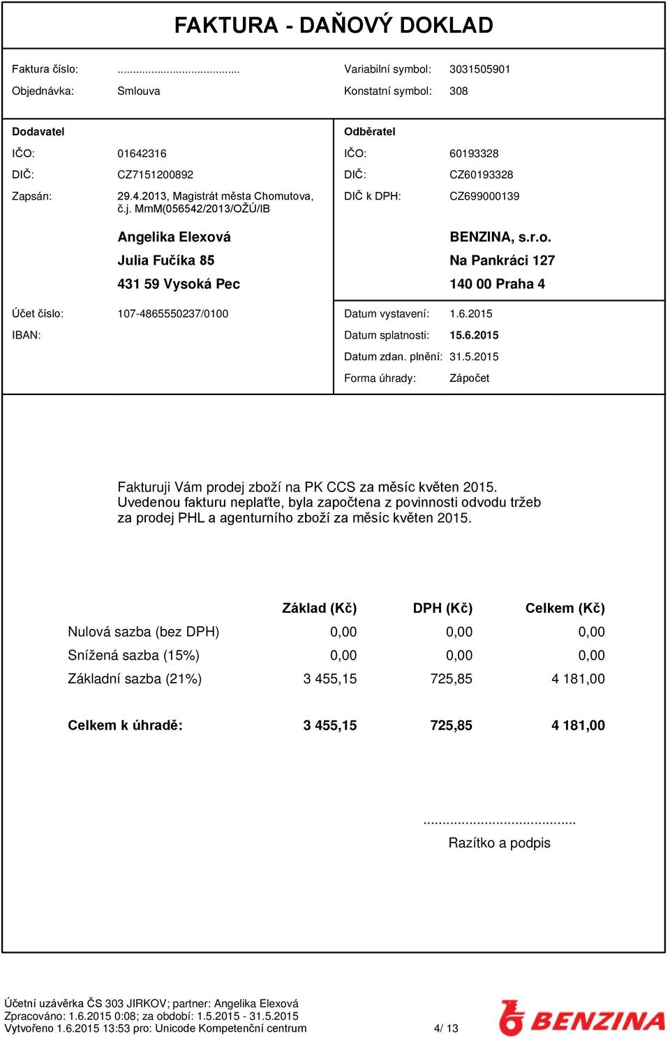 j. MmM(056542/2013/OŽÚ/IB Angelika Elexová DIČ k DPH: CZ699000139 BENZINA, s.r.o. Julia Fučíka 85 Na Pankráci 127 431 59 Vysoká Pec 140 00 Praha 4 Účet číslo: 107-4865550237/0100 Datum vystavení: 1.6.2015 IBAN: Datum splatnosti: 15.
