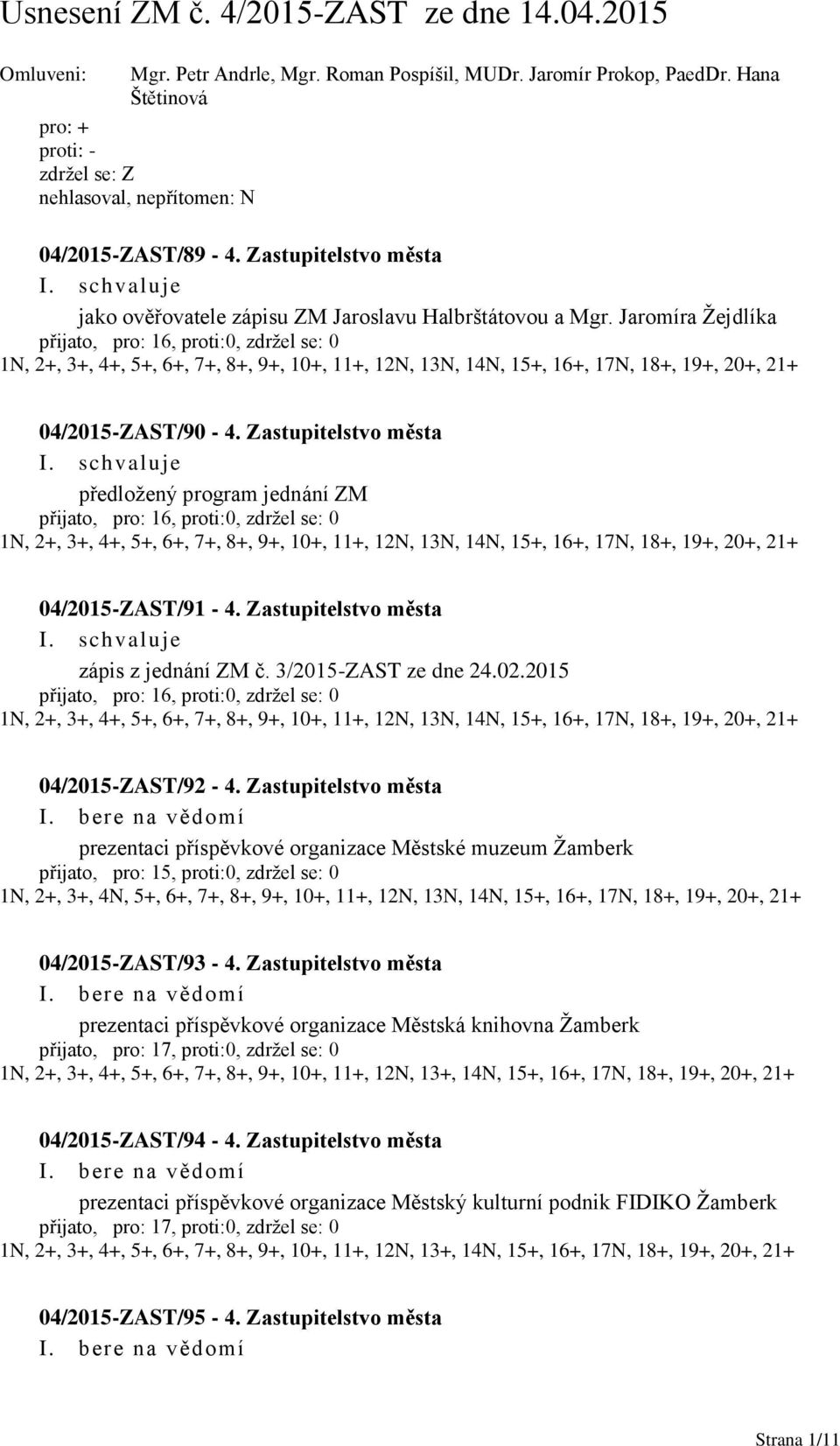 předložený program jednání ZM 1N, 2+, 3+, 4+, 5+, 6+, 7+, 8+, 9+, 10+, 11+, 12N, 13N, 14N, 15+, 16+, 17N, 18+, 19+, 20+, 21+ 04/2015-ZAST/91-4. zápis z jednání ZM č. 3/2015-ZAST ze dne 24.02.