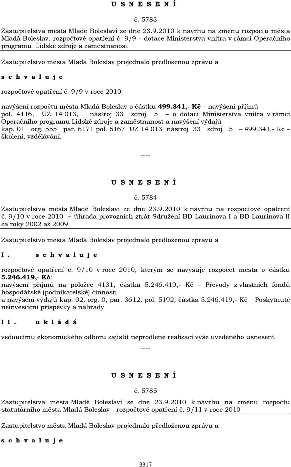 341,- Kč navýšení příjmů pol. 4116, ÚZ 14 013, nástroj 33 zdroj 5 o dotaci Ministerstva vnitra v rámci Operačního programu Lidské zdroje a zaměstnanost a navýšení výdajů kap. 01 org. 555 par.