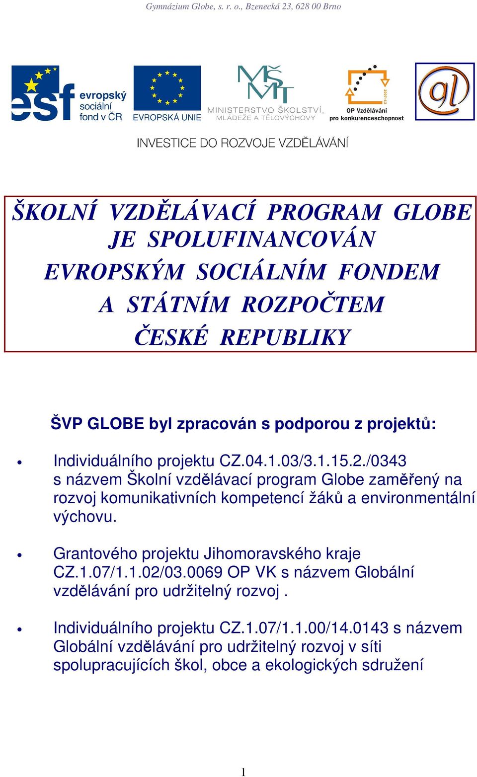 /0343 s názvem Školní vzdělávací program Globe zaměřený na rozvoj komunikativních kompetencí žáků a environmentální výchovu.