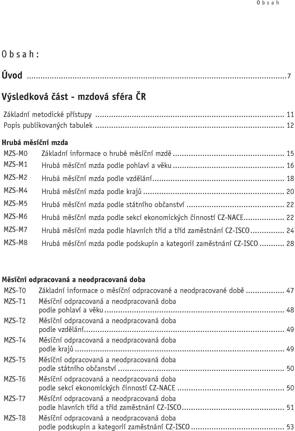 .. 22 MZS-M6 Hrubá m sí ní mzda podle sekcí ekonomických inností CZ-NACE... 22 MZS-M7 Hrubá m sí ní mzda podle hlavních t íd a t íd zam stnání CZ-ISCO.
