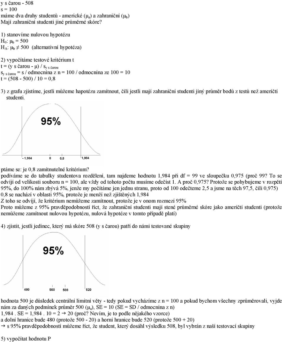 odmocnina ze 100 = 10 t = (508-500) / 10 = 0,8 3) z grafu zjistíme, jestli můžeme hapotézu zamítnout, čili jestli mají zahraniční studenti jiný průměr bodů z testů než američtí studenti.