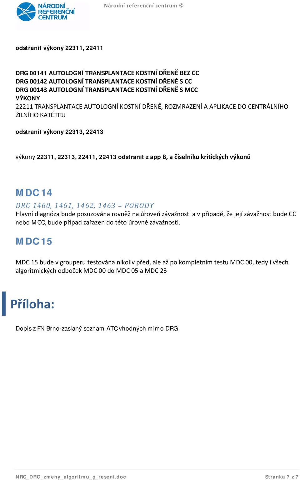 kritických výkonů MDC 14 DRG 1460, 1461, 1462, 1463 = PORODY Hlavní diagnóza bude posuzována rovněž na úroveň závažnosti a v případě, že její závažnost bude CC nebo MCC, bude případ zařazen do této