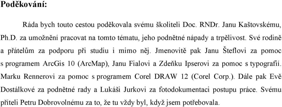 Jmenovitě pak Janu Šteflovi za pomoc s programem ArcGis 10 (ArcMap), Janu Fialovi a Zdeňku Ipserovi za pomoc s typografií.