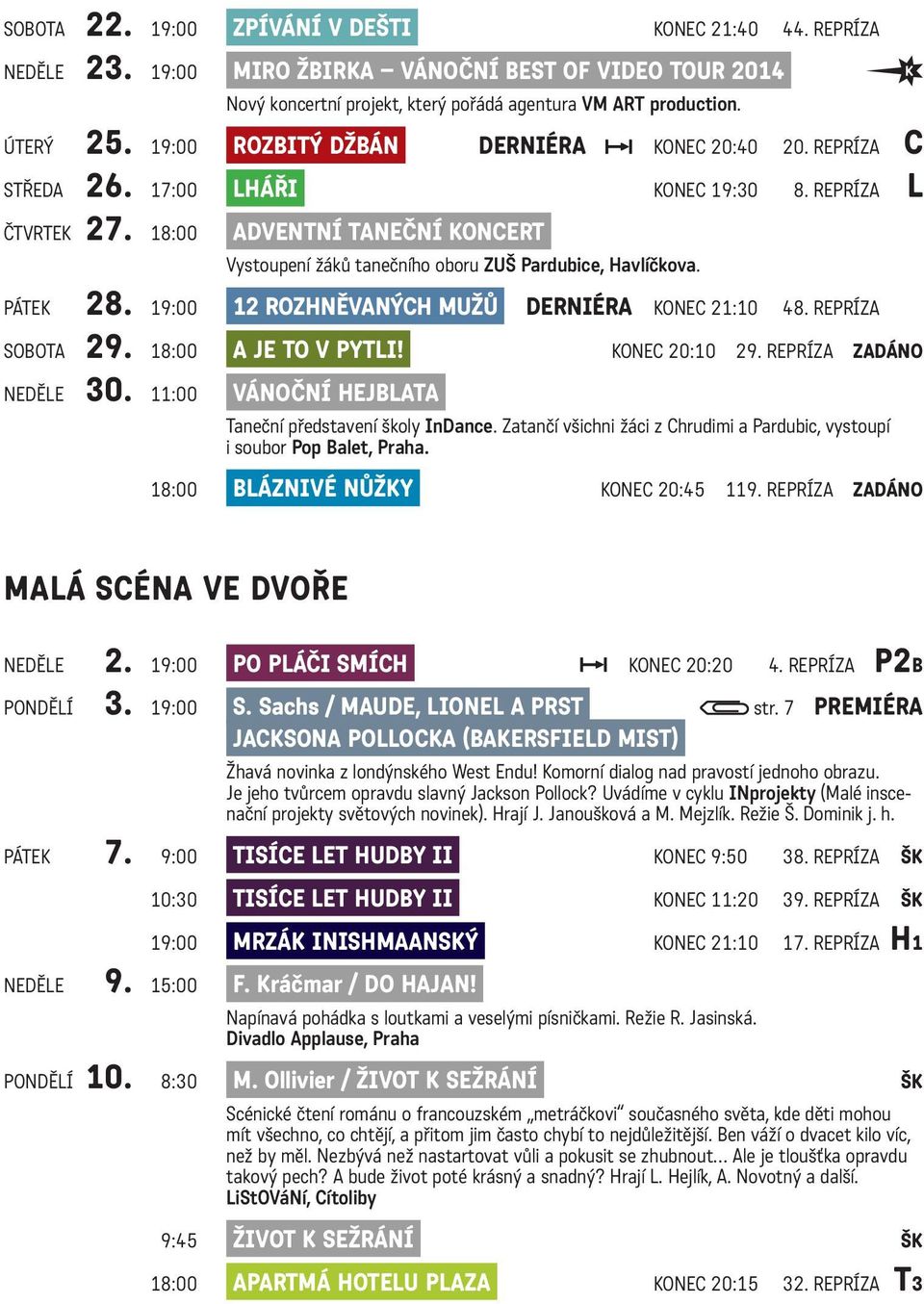 18:00 Adventní taneční koncert Vystoupení žáků tanečního oboru ZUŠ Pardubice, Havlíčkova. pátek 28. 19:00 12 rozhněvaných mužů DERNIÉRA konec 21:10 48. repríza sobota 29. 18:00 A je to v pytli!