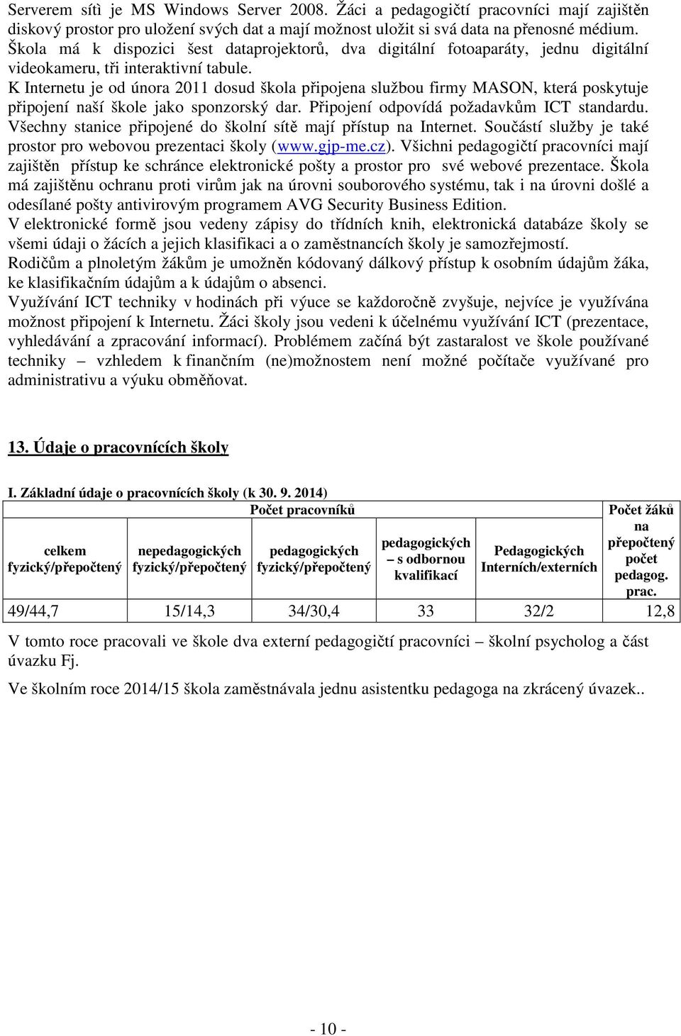 K Internetu je od února 2011 dosud škola připojena službou firmy MASON, která poskytuje připojení naší škole jako sponzorský dar. Připojení odpovídá požadavkům ICT standardu.