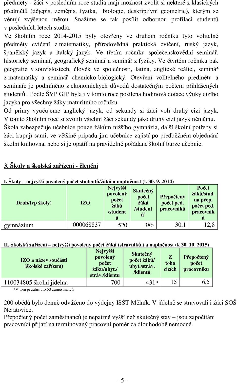 Ve školním roce 2014-2015 byly otevřeny ve druhém ročníku tyto volitelné předměty cvičení z matematiky, přírodovědná praktická cvičení, ruský jazyk, španělský jazyk a italský jazyk.