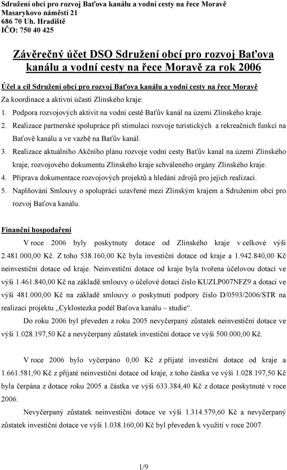 Moravě Za koordinace a aktivní účasti Zlínského kraje: 1. Podpora rozvojových aktivit na vodní cestě Baťův kanál na území Zlínského kraje. 2.