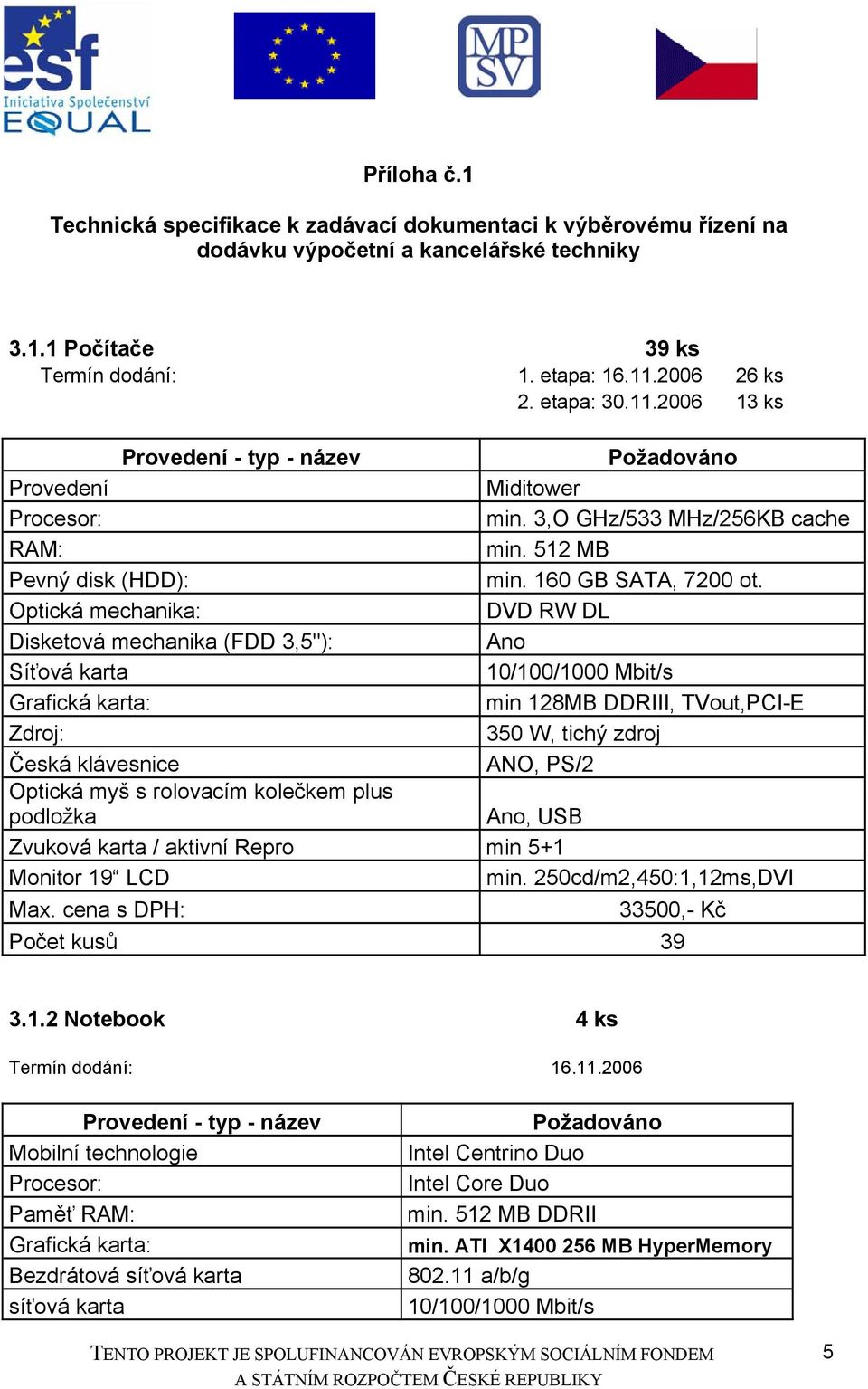 Optická mechanika: DVD RW DL Disketová mechanika (FDD 3,5"): Ano Síťová karta 10/100/1000 Mbit/s Grafická karta: min 128MB DDRIII, TVout,PCI-E Zdroj: 350 W, tichý zdroj Česká klávesnice ANO, PS/2