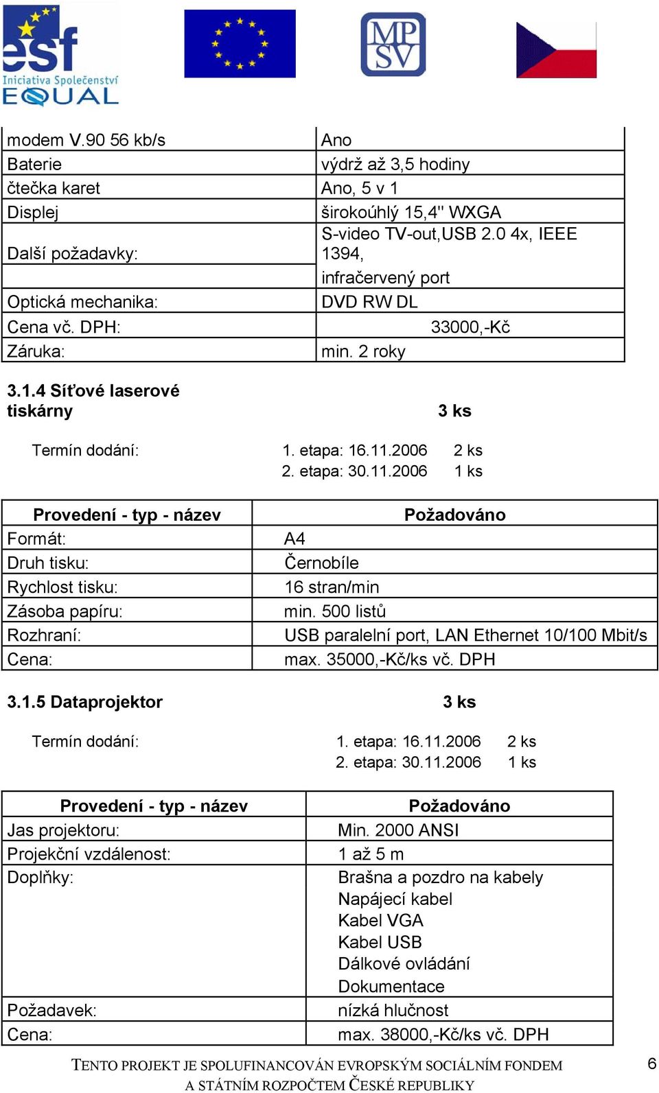 2006 2 ks 2. etapa: 30.11.2006 1 ks Formát: Druh tisku: Rychlost tisku: Zásoba papíru: Rozhraní: A4 Černobíle 16 stran/min min. 500 listů USB paralelní port, LAN Ethernet 10/100 Mbit/s max.