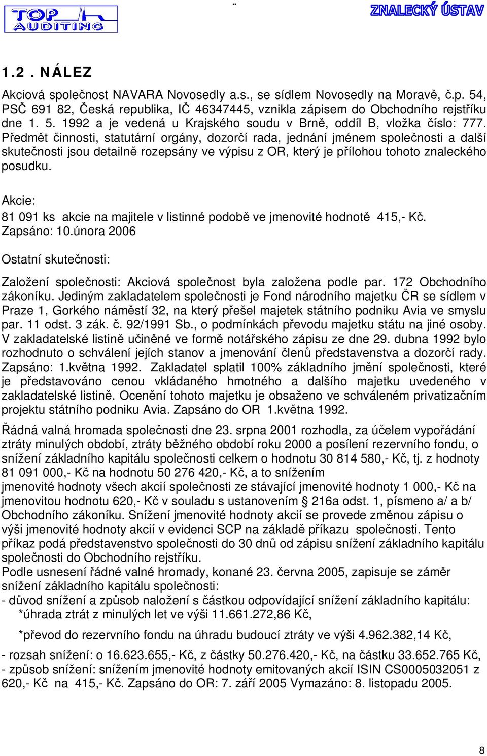 Akcie: 81 091 ks akcie na majitele v listinné podob ve jmenovité hodnot 415,- K. Zapsáno: 10.února 2006 Ostatní skute nosti: Založení spole nosti: Akciová spole nost byla založena podle par.