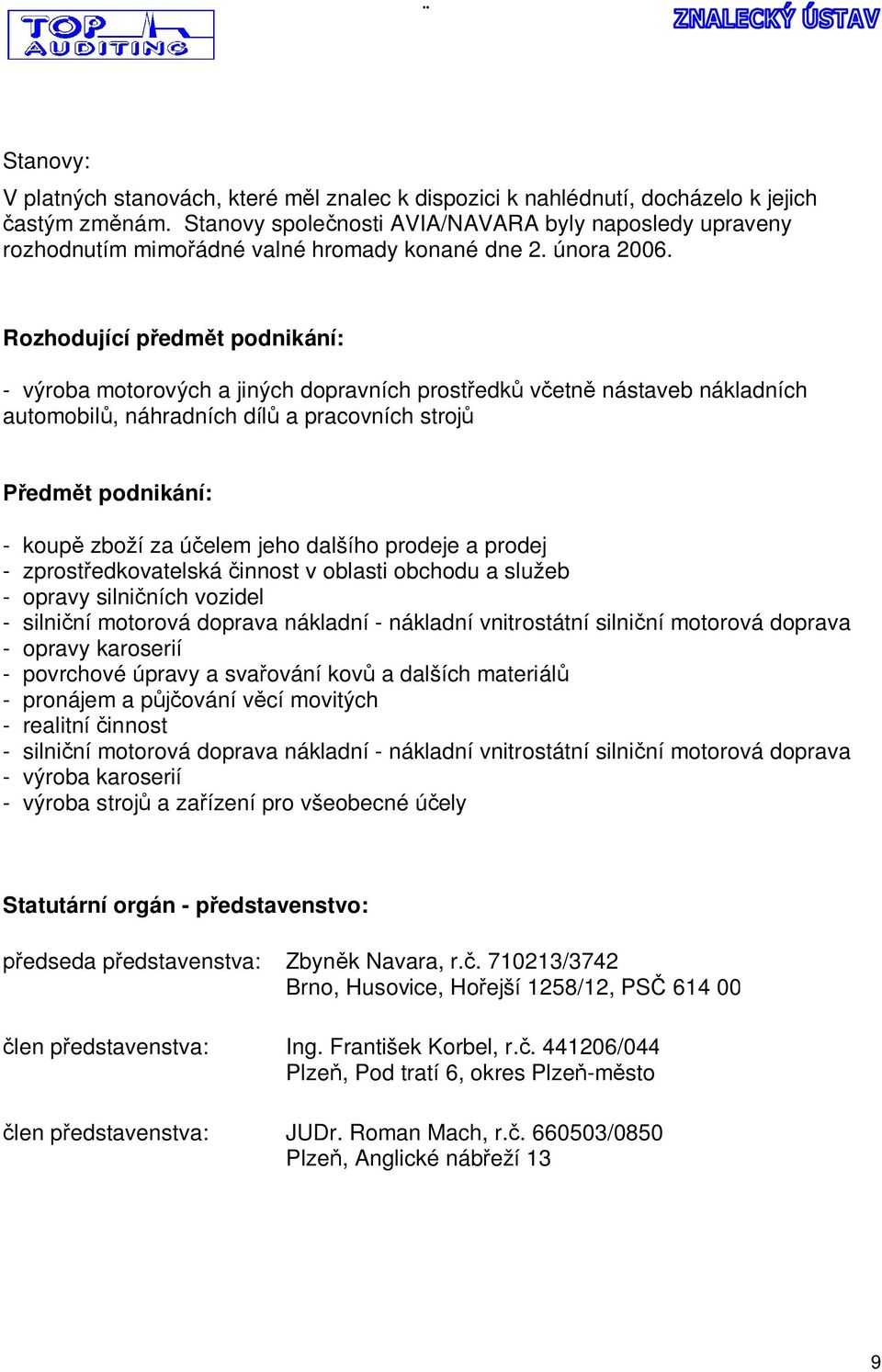 Rozhodující p edm t podnikání: - výroba motorových a jiných dopravních prost edk v etn nástaveb nákladních automobil, náhradních díl a pracovních stroj edm t podnikání: - koup zboží za ú elem jeho