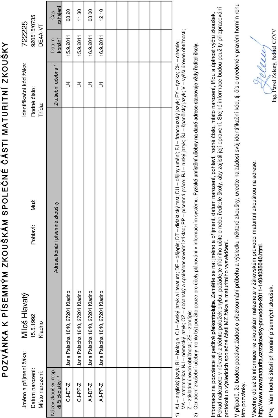 dílčí zkoušky 1) Adresa konání písemné zkoušky Zkušební učebna 2) Datum konání Čas zahájení CJ-DT-Z Jana Palacha 1840, 27201 Kladno U4 15.9.2011 08:20 CJ-PP-Z Jana Palacha 1840, 27201 Kladno U4 15.9.2011 11:30 AJ-DT-Z Jana Palacha 1840, 27201 Kladno U1 16.