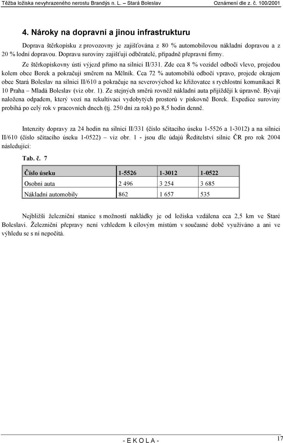 Zde cca 8 % vozidel odbočí vlevo, projedou kolem obce Borek a pokračují směrem na Mělník.