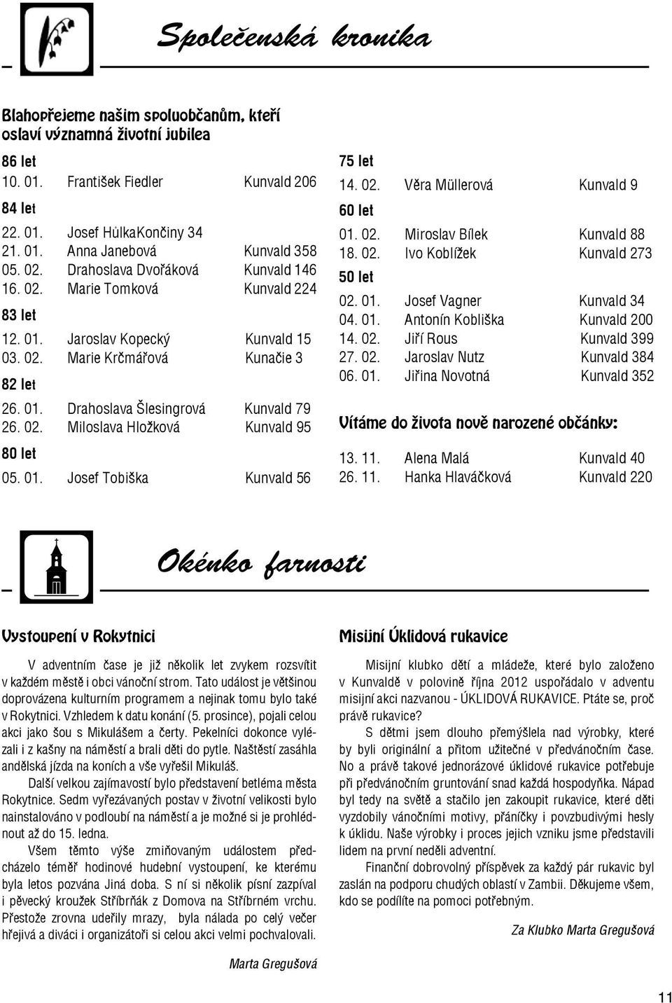 02. Miloslava Hložková Kunvald 95 80 let 05. 01. Josef Tobiška Kunvald 56 75 let 14. 02. Věra Müllerová Kunvald 9 60 let 01. 02. Miroslav Bílek Kunvald 88 18. 02. Ivo Koblížek Kunvald 273 50 let 02.