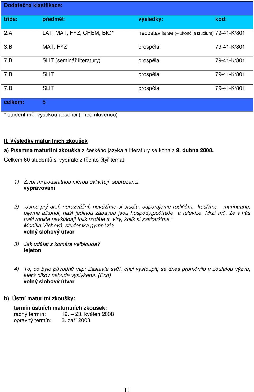 Výsledky maturitních zkoušek a) Písemná maturitní zkouška z českého jazyka a literatury se konala 9. dubna 2008.