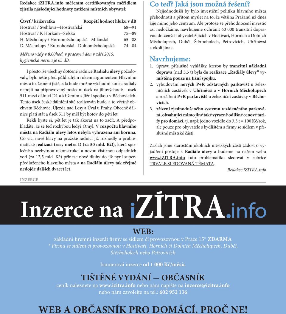 Selská 75 89 H. Měcholupy / Hornoměcholupská Milánská 65 88 D. Měcholupy / Kutnohorská Dolnoměcholupská 74 84 Měřeno vždy v 8:00hod. v pracovní den v září 2015, hygienická norma je 65 db.