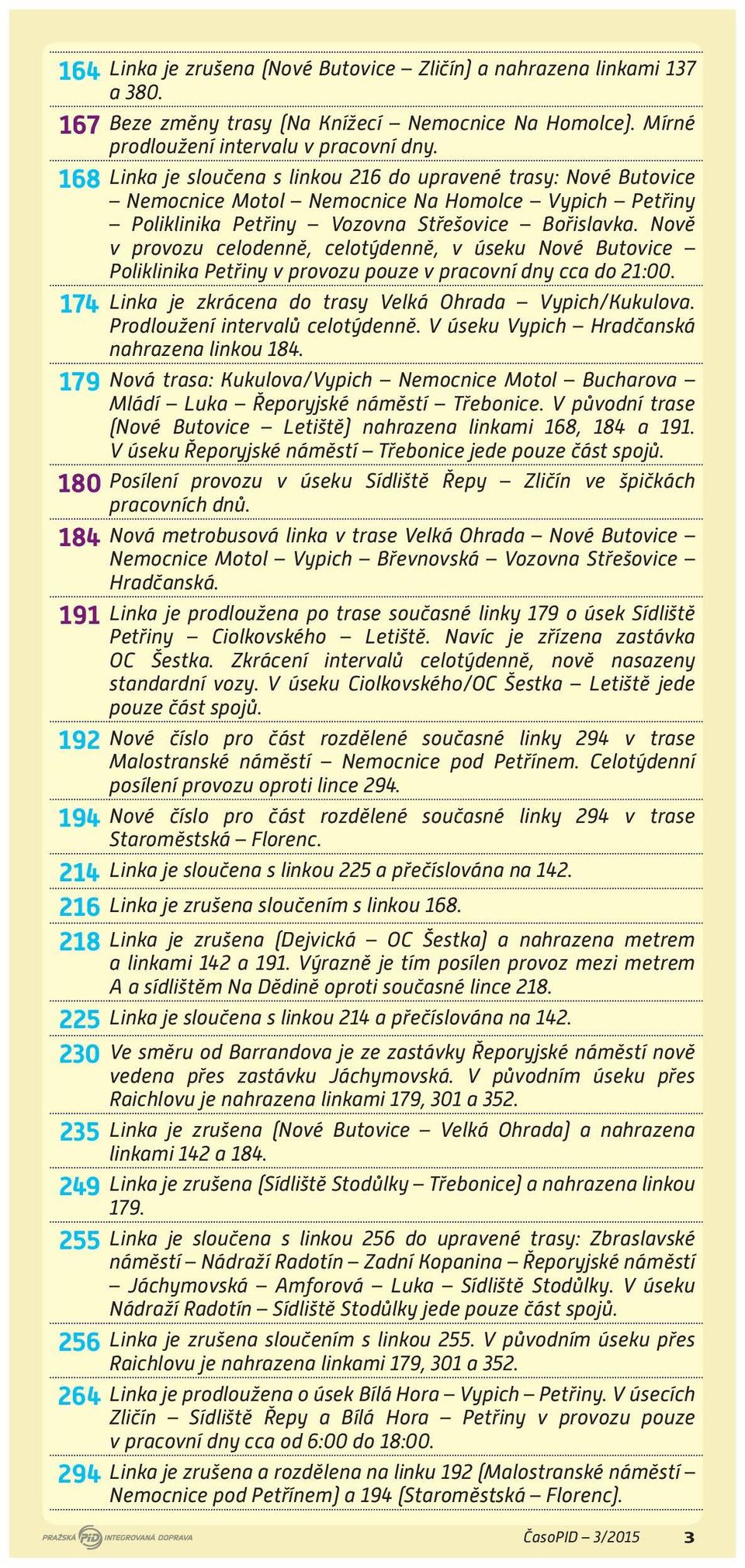 Nově v provozu celodenně, celotýdenně, v úseku Nové Butovice Poliklinika Petřiny v provozu pouze v pracovní dny cca do 21:00. 174 Linka je zkrá do trasy Velká Ohrada Vypich/Kukulova.