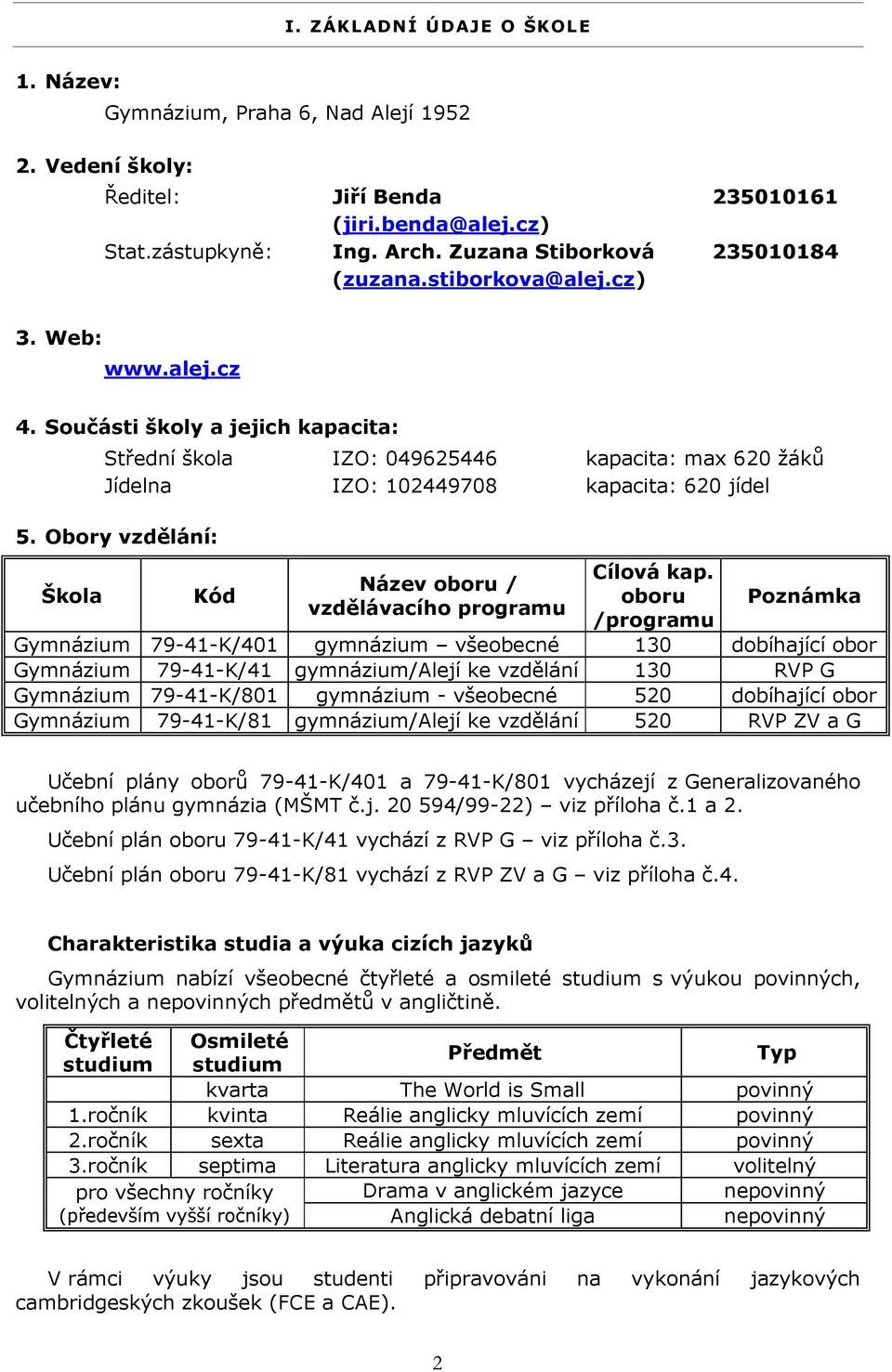 Obory vzdělání: Škola Kód Název oboru / vzdělávacího programu Cílová kap.