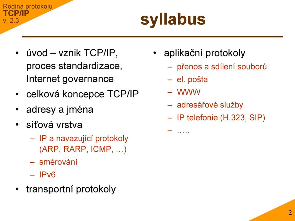 (ARP, RARP, ICMP, ) směrování IPv6 transportní protokoly aplikační protokoly