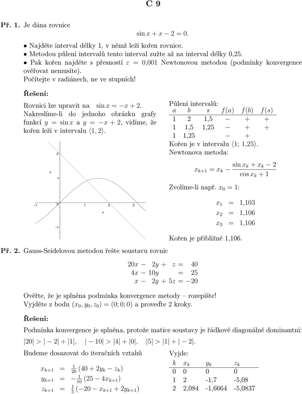 Nakreslíme-li do jednoho obrázku grafy funkcí y = sin a y = + 2, vidíme, že kořen leží v intervalu, 2. y 2 0 2 Půlení intervalů: a b s f(a) f(b) f(s) 2,5 + +,5,25 + +,25 + Kořen je v intervalu ;,25.