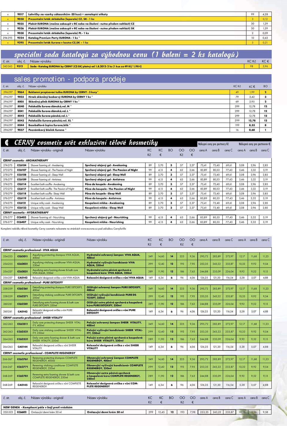 294-295 9224 Katalog Premium Party EURONA - 1 ks * 10 0,43 x 9295 Prezentační leták Eurona v kostce CZ,SK 1 ks 5 0,21 č. str. obj. č. Název výrobku 242-243 9312 Sada - Katalog EURONA by CERNY (CZ-SK) platný od 1.