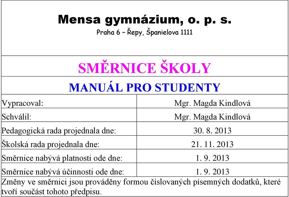 Magda Kindlová Mgr. Magda Kindlová Pedagogická rada projednala dne: 30. 8.