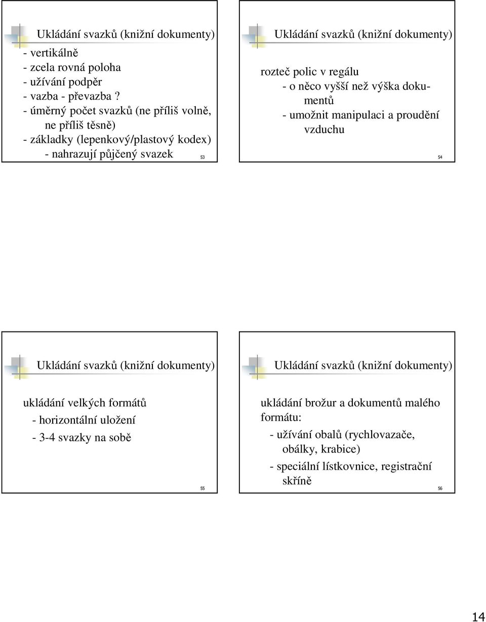 vyšší než výška dokumentů - umožnit manipulaci a proudění vzduchu - nahrazují půjčený svazek 53 54 Ukládání svazků (knižní dokumenty) Ukládání svazků (knižní