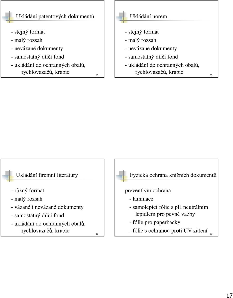 literatury Fyzická ochrana knižních dokumentů - různý formát - malý rozsah - vázané i nevázané dokumenty - samostatný dílčí fond - ukládání do ochranných obalů,