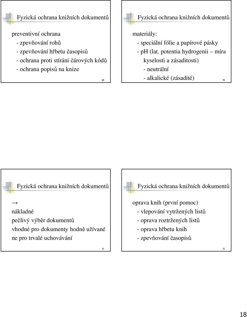 potentia hydrogenii míra kyselosti a zásaditosti) - neutrální - alkalické (zásadité) 70 Fyzická ochrana knižních dokumentů Fyzická ochrana knižních dokumentů