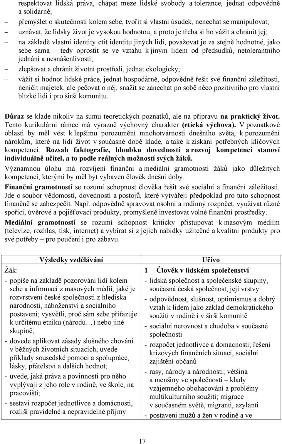 ve vztahu k jiným lidem od předsudků, netolerantního jednání a nesnášenlivosti; zlepšovat a chránit životní prostředí, jednat ekologicky; vážit si hodnot lidské práce, jednat hospodárně, odpovědně