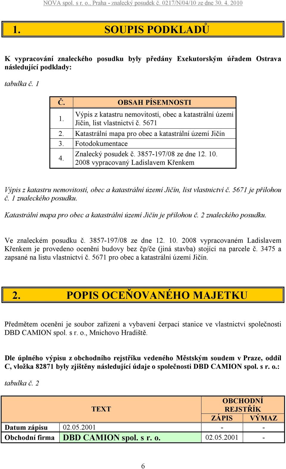 3857-197/08 ze dne 12. 10. 2008 vypracovaný Ladislavem Křenkem Výpis z katastru nemovitostí, obec a katastrální území Jičín, list vlastnictví č. 5671 je přílohou č. 1 znaleckého posudku.