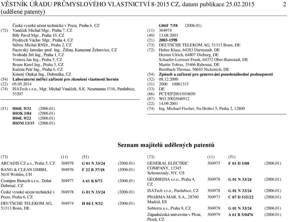 , Praha 5, CZ Braun Karel Ing., Praha 5, CZ Kučera Petr Ing., Praha 6, CZ Krásný Otakar Ing., Dobruška, CZ (54) Laboratorní měřicí zařízení pro zkoušení vlastností hornin (22) 05.05.2014 (74) ISATech s.